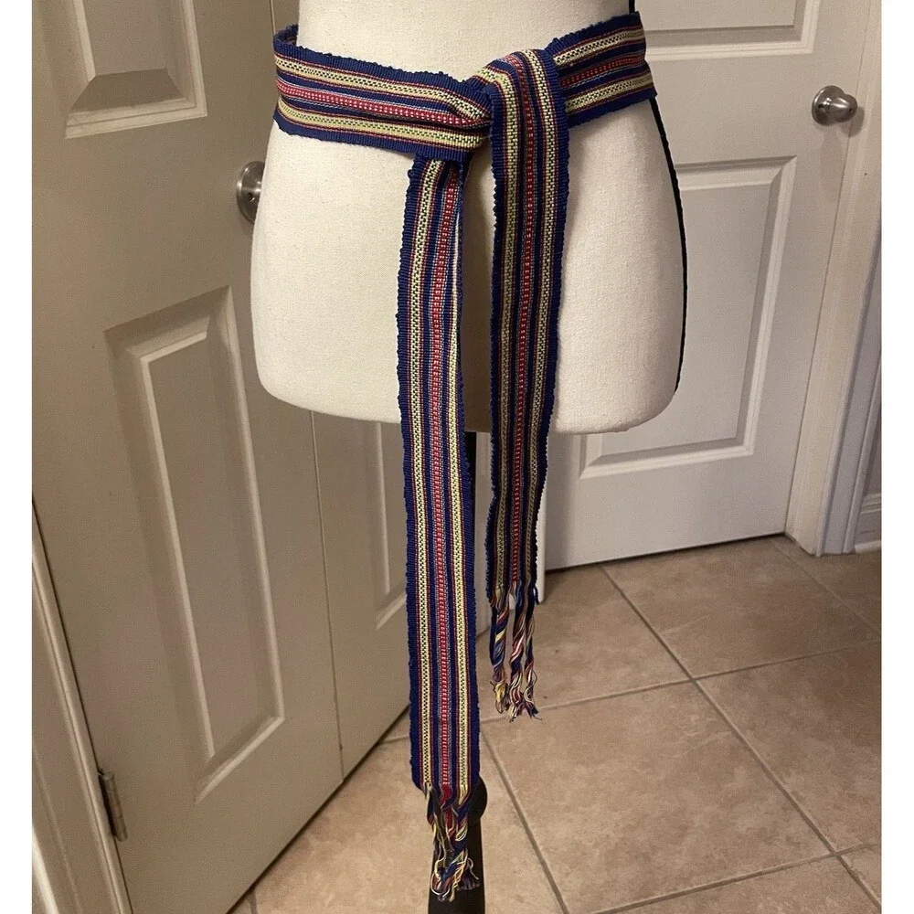 Vintage Woven Textile Sash Belt Tie Multi Color Stripe Hippie Gypsy Western Wrap